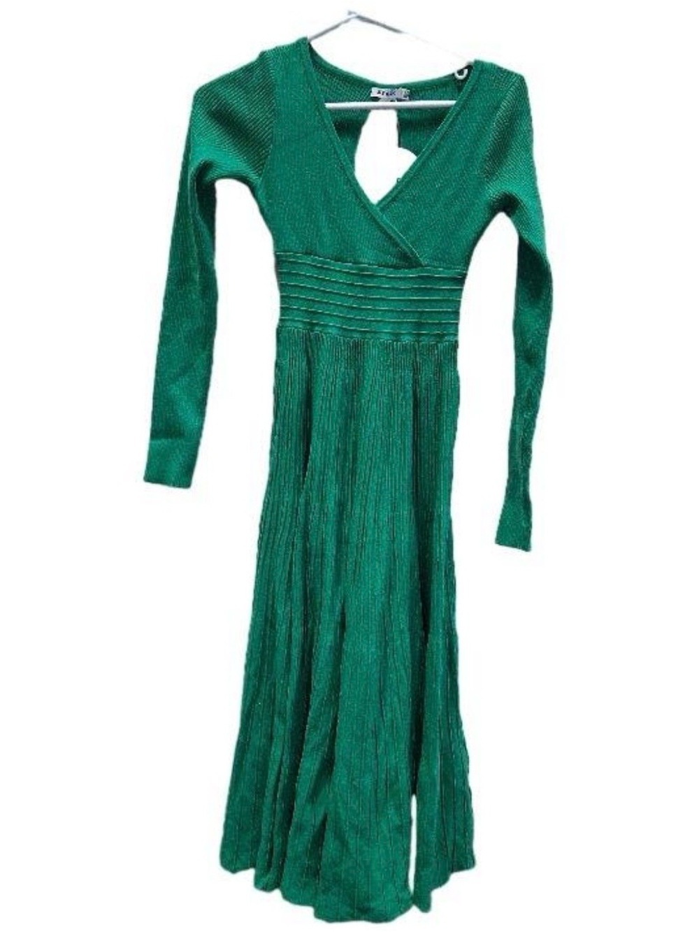 Green Long-Sleeve Midi Faux Wrap Dress